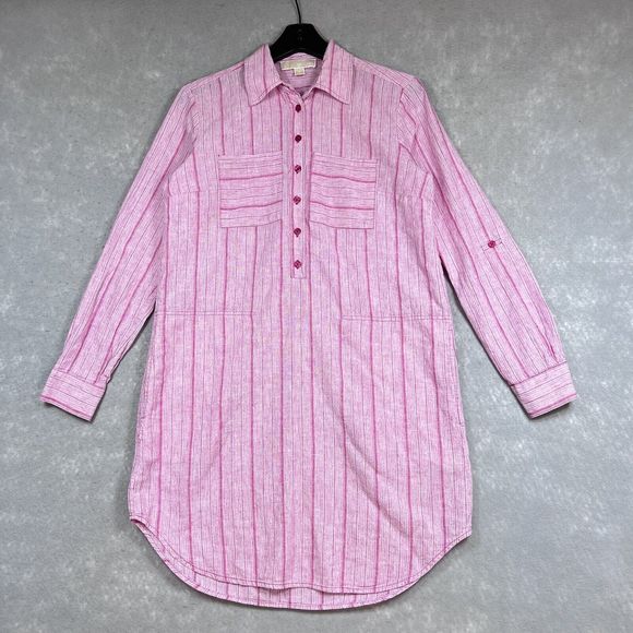 Michael Kors Shirt Dress Small Summer Stripe Roll-Tab Sleeve Collared Pocket - Picture 1 of 14